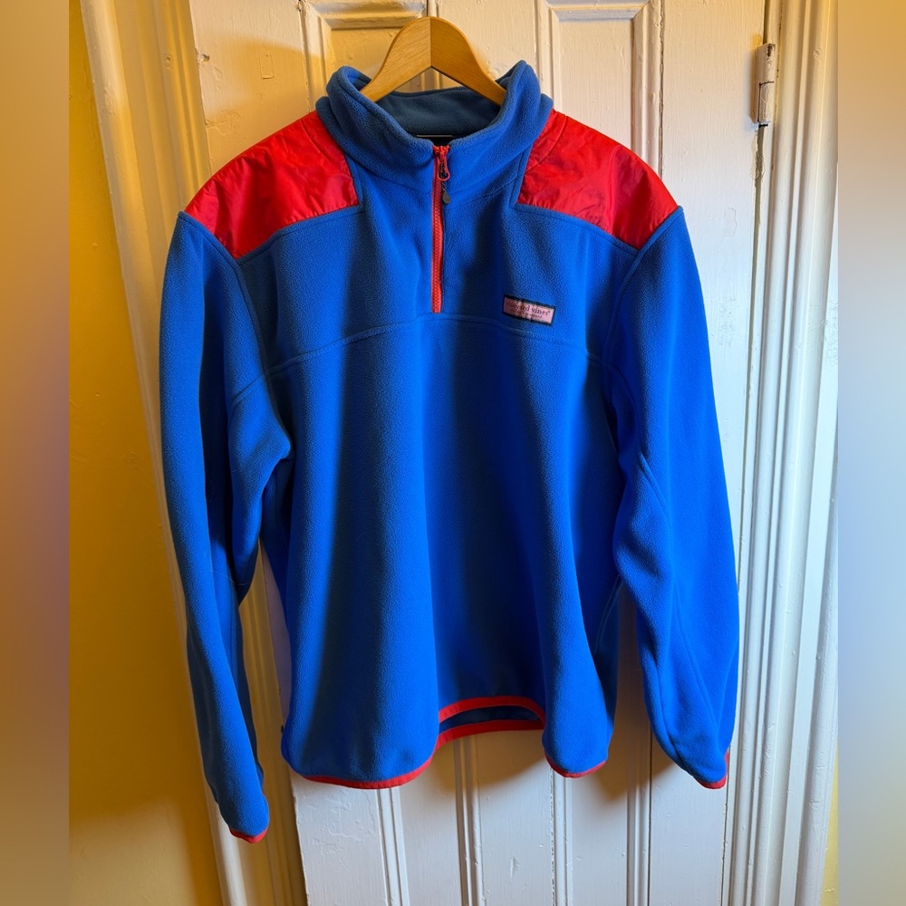 Vineyard Vines Fleece Pullover 1 4 Zip Blue Red Shoulder Trim Mens XL